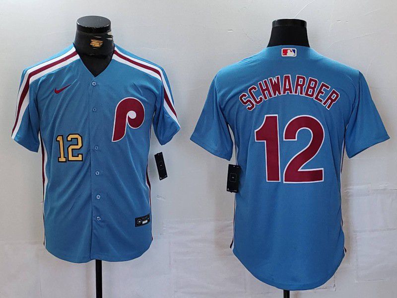 Men Philadelphia Phillies #12 Schwarber Blue Throwback 2024 Nike MLB Jersey style 2